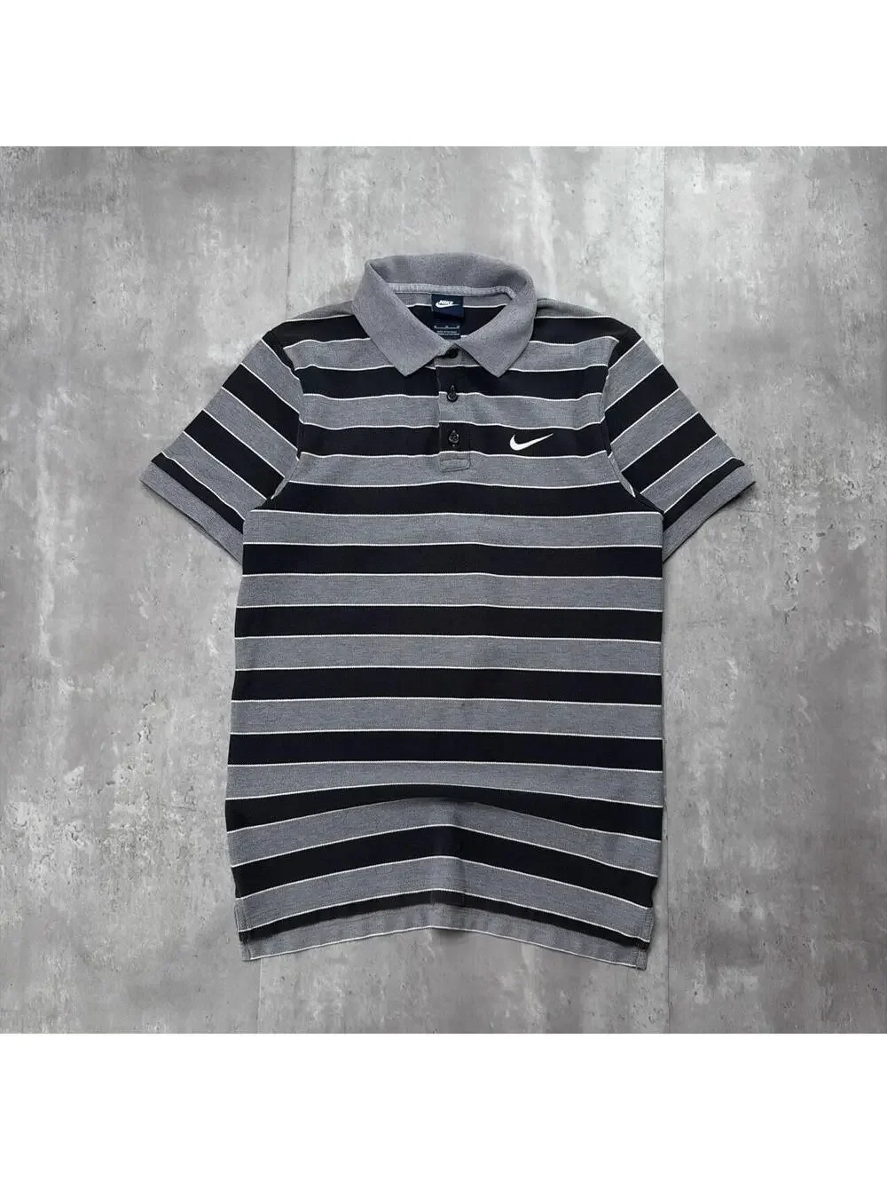 Y2K Grey Nike Swoosh Grunge Skater Striped Polo Shirt